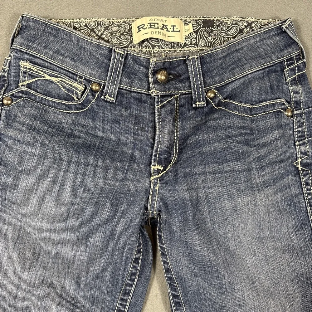 Ariat Jean Women 27R  R.E.A.L. OCEAN Icon Blue Cowgirl Western Rodeo  WHISKERING - Picture 4 of 9